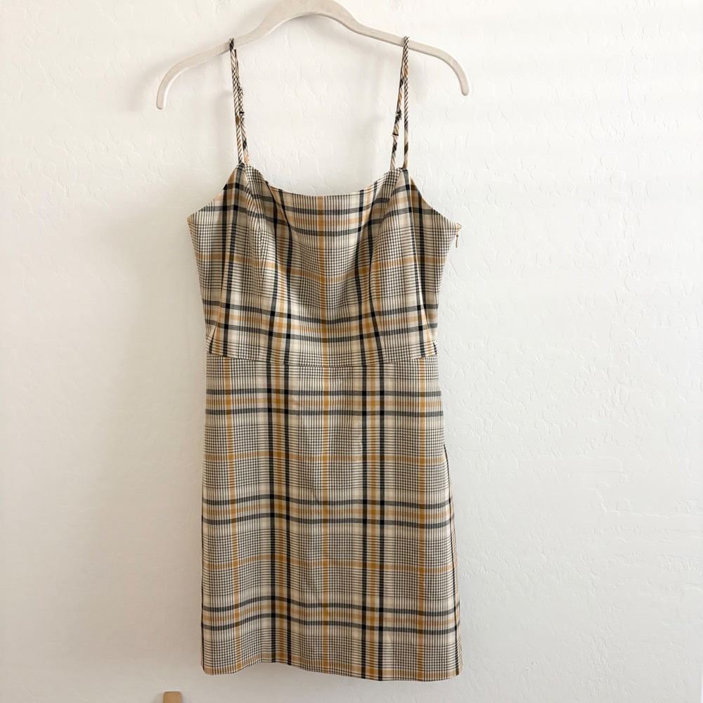 Wilfred Aritzia Isabelle Plaid Mini Dress Tan Black Yellow Size 8 Square Neck - Picture 3 of 8